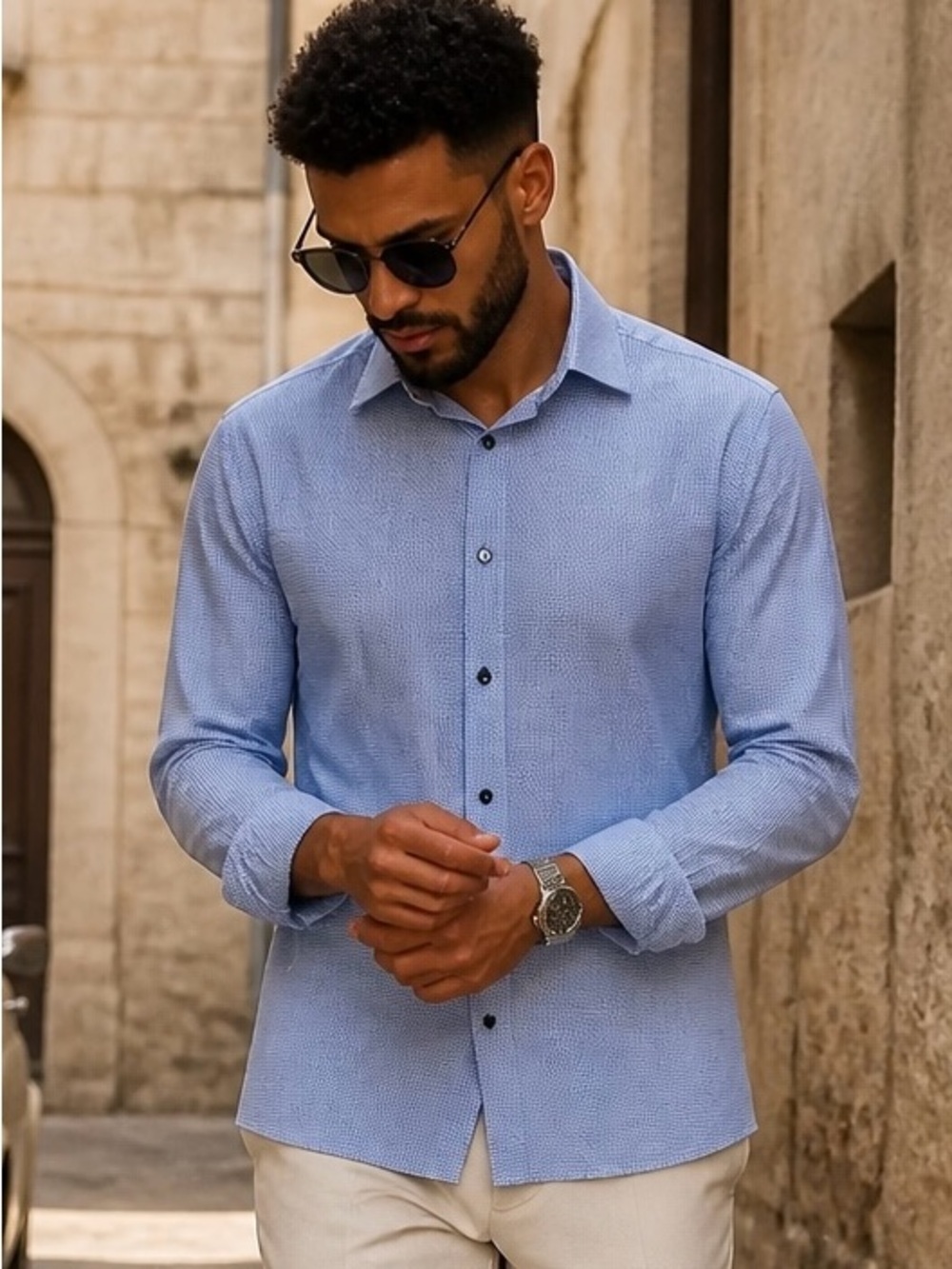 Eton Men's Sky Blue Textured Dress Shirt
